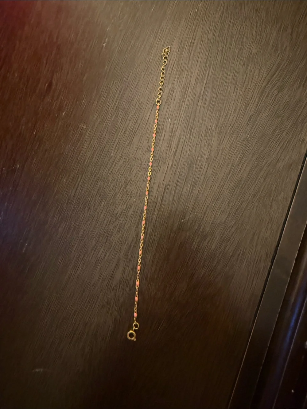 Dainty gold and pink beaded look adjustable bracelet delicate jeweled chain